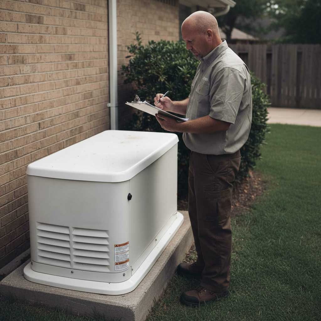 A man inspecting a home generator next to a brick house.