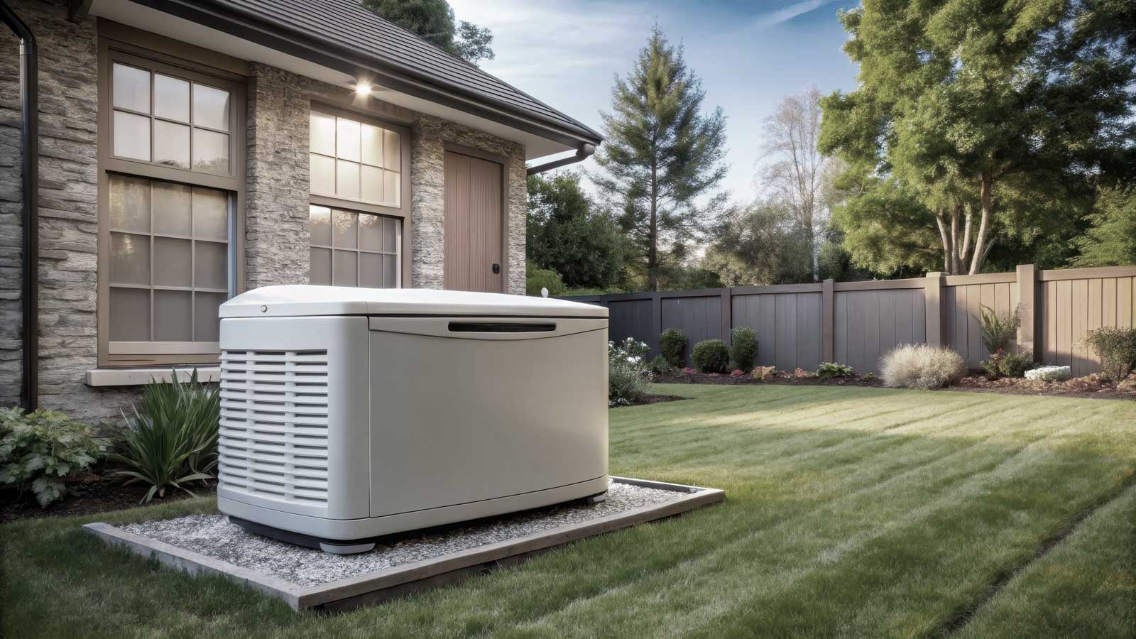 Standby generator near a brick house in a landscaped backyard.